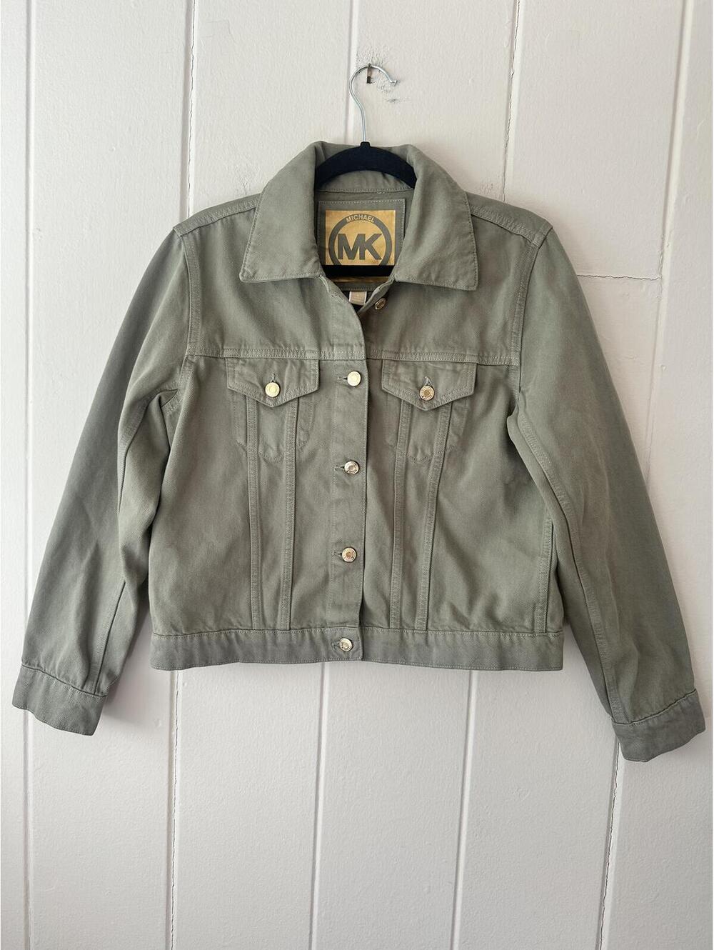 Michael Kors Denim Jacket Olive Green with Gold Hardware 100% Cotton Size Large